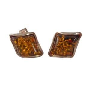 Vintage Sterling Silver Amber Rhombus Diamond Stud Earrings